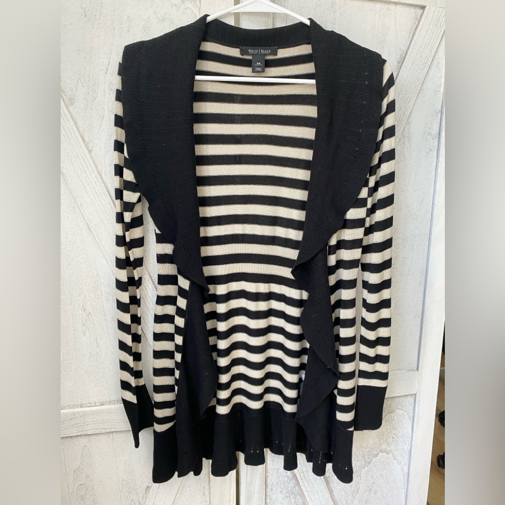 White House Black Market Striped Ruffle Cardigan Gold Thread Silk Blend Size XS